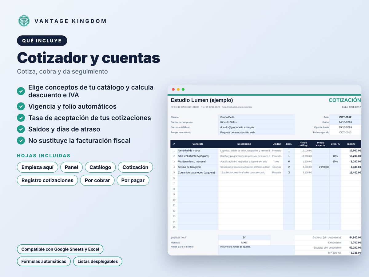 Portada de la plantilla Cotizador y cuentas